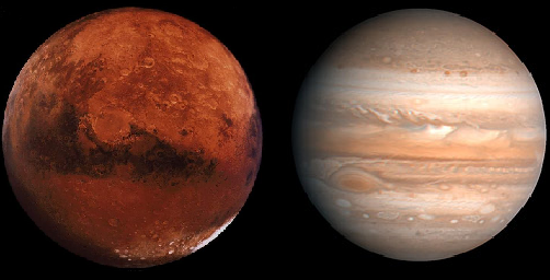 Mars and Jupiter are the main planets to see this month; not to scale (obviously)